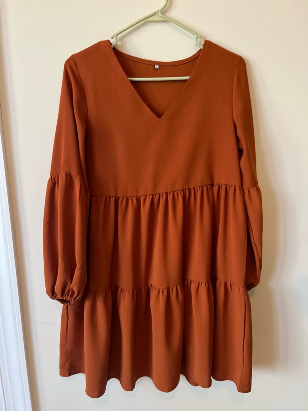 Womens Rust Tiered V-Neck Long Sleeve Dress
